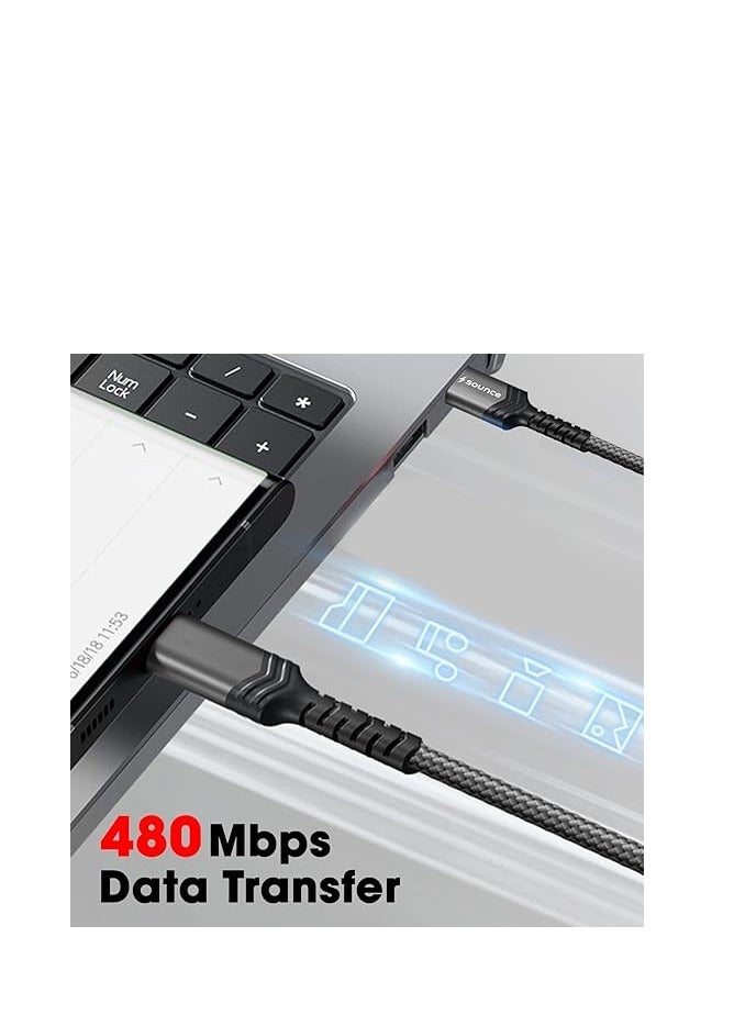 ساونس كابل شحن سريع مضفر من النوع C إلى النوع C 3A (60 وات) من Sounce للهواتف المحمولة وأجهزة الكمبيوتر المحمولة والأجهزة اللوحية وأجهزة النوع C الأخرى يدعم تقنية PD وشحن QC 3.0 بسرعة نقل بيانات 480 ميجابت في الثانية بطول 5 أقدام (1.5 متر) - Image 2