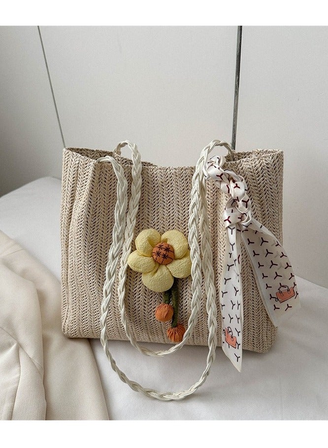 Women's Straw Woven Tote Bag Fashion Simple Large Capacity Shoulder Bag  Bow & Flower Embellished Holiday Bag - Image 2