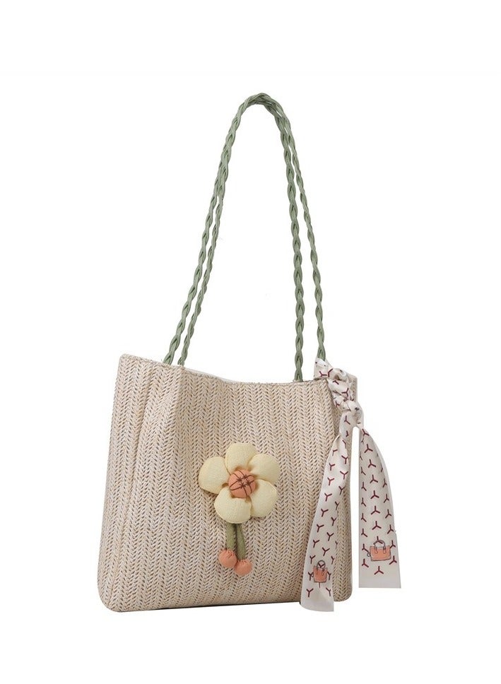 Women's Straw Woven Tote Bag Fashion Simple Large Capacity Shoulder Bag  Bow & Flower Embellished Holiday Bag - Image 4