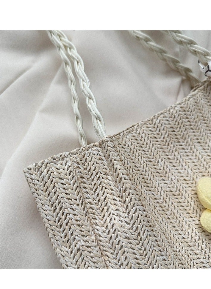 Women's Straw Woven Tote Bag Fashion Simple Large Capacity Shoulder Bag  Bow & Flower Embellished Holiday Bag - Image 3
