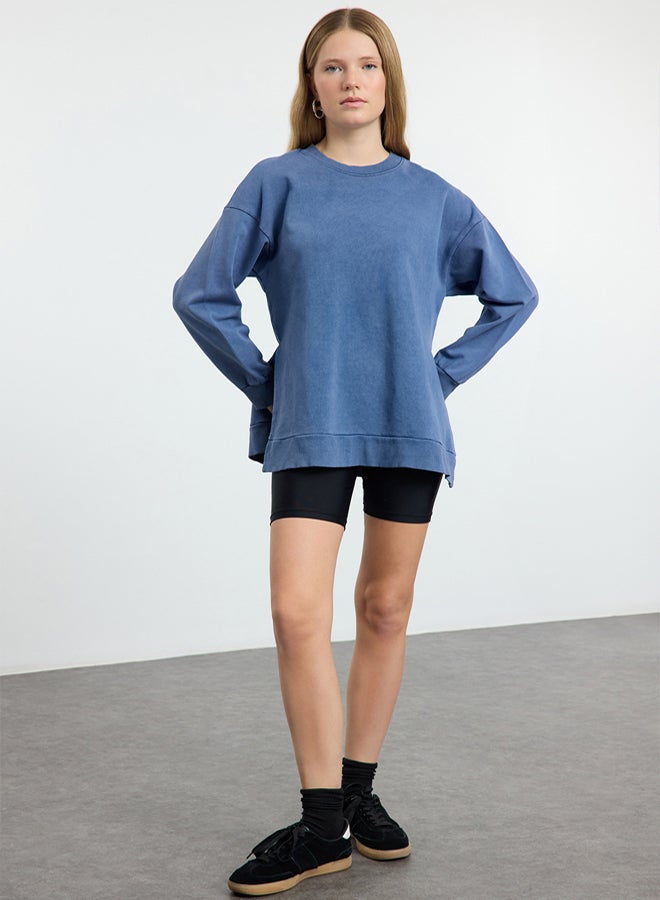 trendyol Indigo*001 Oversize/Wide Pattern Washed Slit Detailed Polar Fleece Knitted Sweatshirt - Image 1