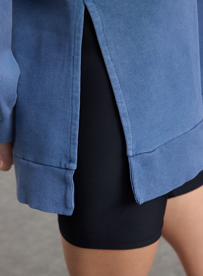 trendyol Indigo*001 Oversize/Wide Pattern Washed Slit Detailed Polar Fleece Knitted Sweatshirt - Image 4