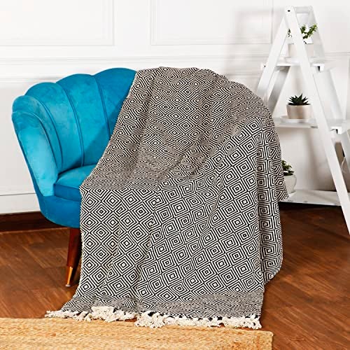 SASHAA WORLD Cotton Throw Blanket | Throw for Living Room, Sofa, Bed, Chair, Picnic & Used for Gift | Cotton Diamond Throw 130x 180 cm (Black) - Image 1