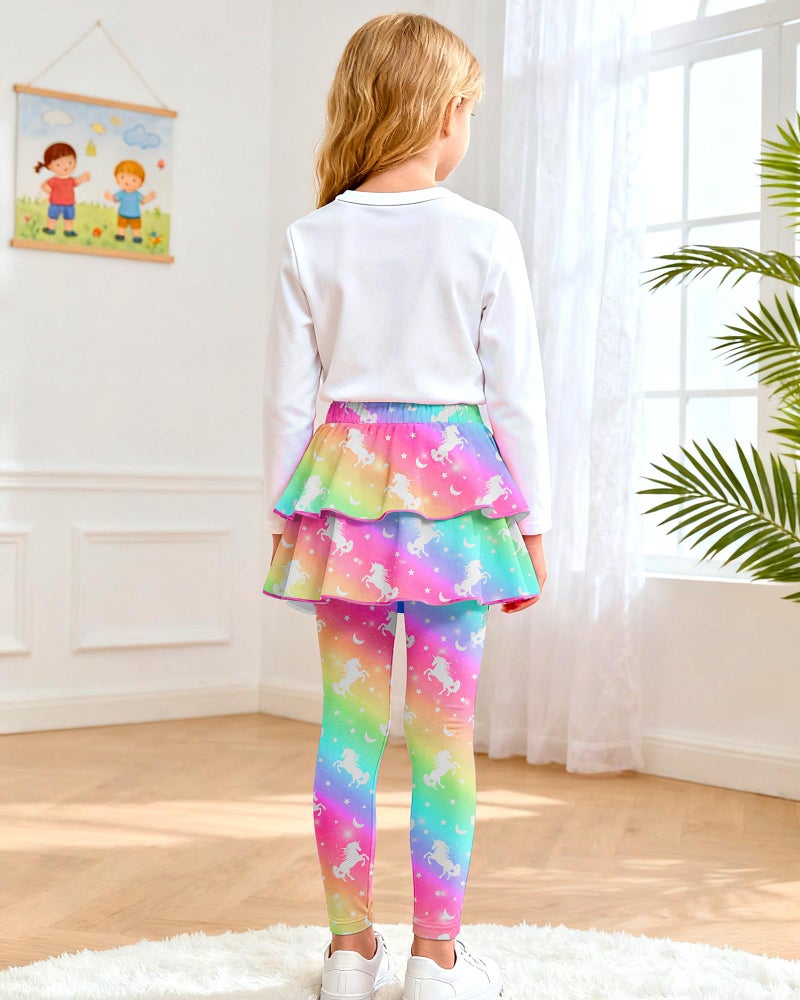 OlyPegic Girls Leggings with Skirt Toddler Kids Leggings Skirt Pants Rainbow Unicorn Footless Tights with Ruffle 3-8 Years - Image 3