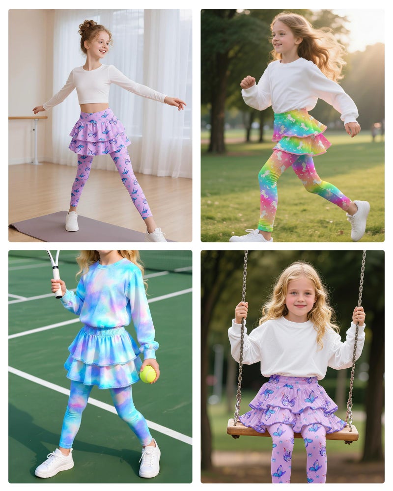 OlyPegic Girls Leggings with Skirt Toddler Kids Leggings Skirt Pants Rainbow Unicorn Footless Tights with Ruffle 3-8 Years - Image 4