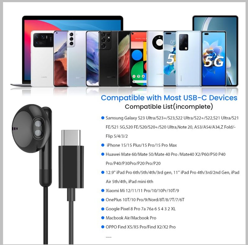 BENEWY سماعات USB C لجهاز iPhone 17 16 15 Pro Max Plus iPad Pro سماعات USB C مع ميكروفون تحكم في الصوت سماعات سلكية USB Type C لجهاز Google Pixel 8 Samsung S25 S24 S23 S22 S21 S20 A55 - Image 4