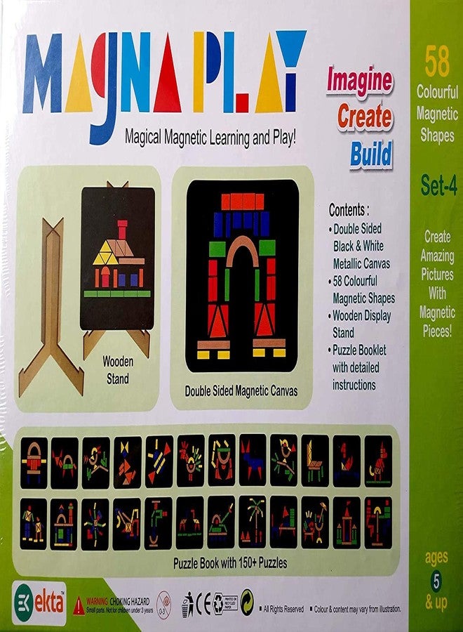EKTA Magna Play Set 4: 58 Magnetic Shapes, Wooden Display Stand, Puzzle Booklet - Ages 3-8 - Image 2