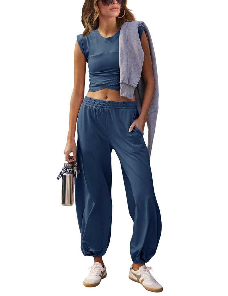 Springrain Womens Two Pieces Outfits Casual Lounge Sets Cropped Tops Sweatpants Tracksuit with Pockets(Blue-S) - Image 1
