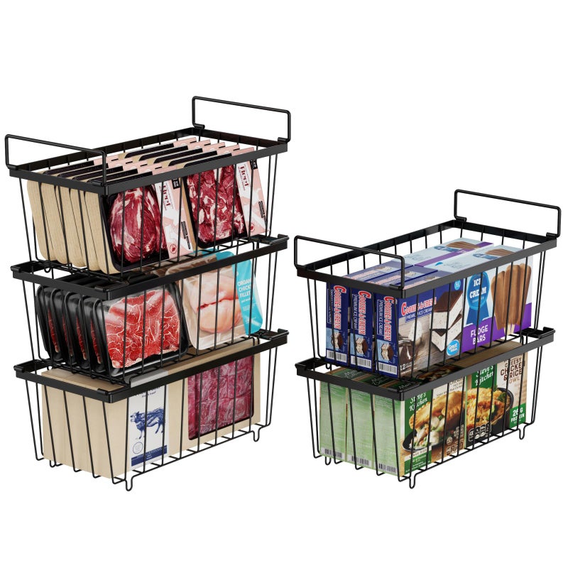 Ispecle Freezer Organizer - 5 Pack Stackable Deep Freezer Organizer Bins For 7 Cu.Ft Chest Freezer Sort Frozen Meats Fishes Stackable Freezer Baskets With Handle Add Space Easy To Reach Black - Image 1