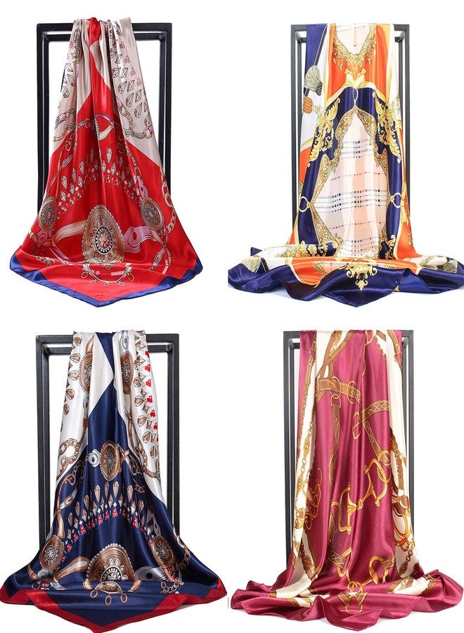 NUWEERIR 4pc Mixed Womens Large Square Scarf Set Silk Feeling Satin Hair Wrapping 35x35 inches (Set 9)