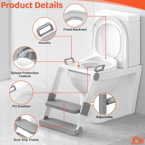 JUNIOR JOE Foldable Potty Training Seat with Stairs - Adjustable Install-Free Toilet Trainer with Non-Slip Splash Guard for Toddler Boys & Girls (GREY) - Image 3