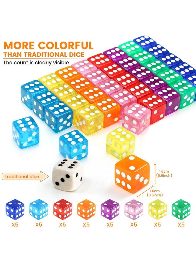 GWHOLE 40 Pieces 6Sided Game Dice Set 8 Translucent Colors Dice For Board Games And Teaching Math - Image 3