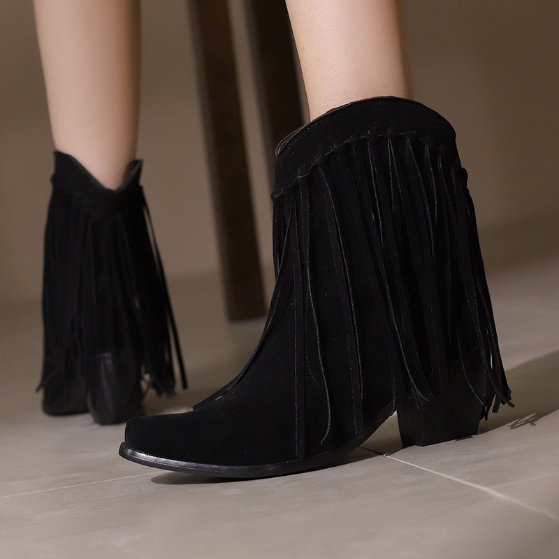 2024 New Winter Fashion High-Heeled Tassel Boots 40-48 Plus Size Small Pointed Low Boots For Women - Image 2