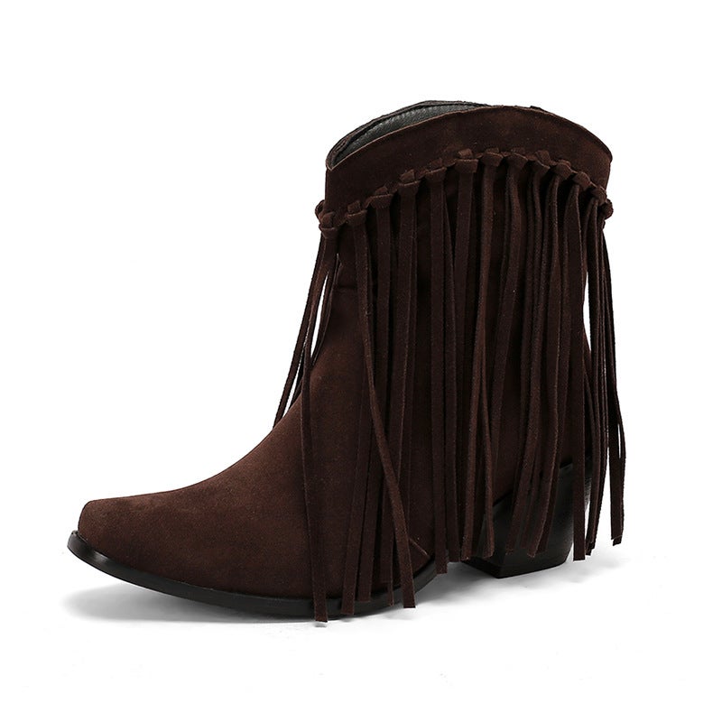 2024 New Winter Fashion High-Heeled Tassel Boots 40-48 Plus Size Small Pointed Low Boots For Women - Image 1