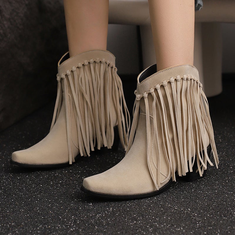 2024 New Winter Fashion High-Heeled Tassel Boots 40-48 Plus Size Small Pointed Low Boots For Women - Image 4