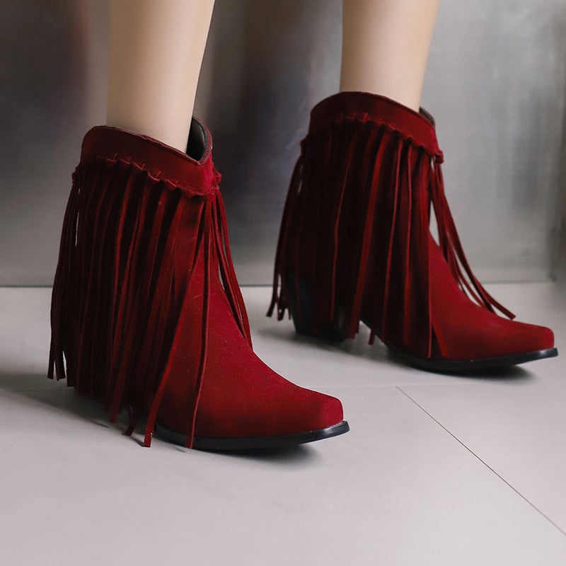2024 New Winter Fashion High-Heeled Tassel Boots 40-48 Plus Size Small Pointed Low Boots For Women - Image 3