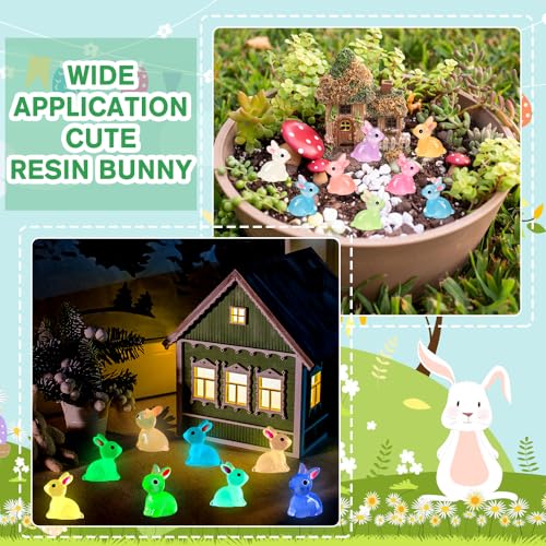 DULEFUN 70pcs Easter Luminous Mini Resin Bunny 7 Colors Little Small Glow in The Dark Rabbit Bunny Figures for Dollhouse Micro Fairy Garden Decor Easter Egg Fillers Party Favors Supplies - Image 4
