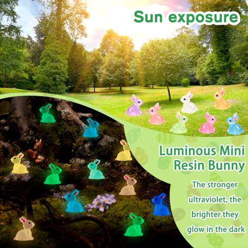 DULEFUN 70pcs Easter Luminous Mini Resin Bunny 7 Colors Little Small Glow in The Dark Rabbit Bunny Figures for Dollhouse Micro Fairy Garden Decor Easter Egg Fillers Party Favors Supplies - Image 5