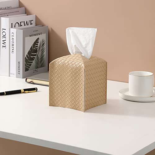 zoocatia Tissue Box Cover PU Leather Tissue Holder Square Facial Tissue Case Facial Paper Organizer Dispenser for Bathroom, Vanity Countertop, Tabletop, Car, Rice Apricot - Image 2