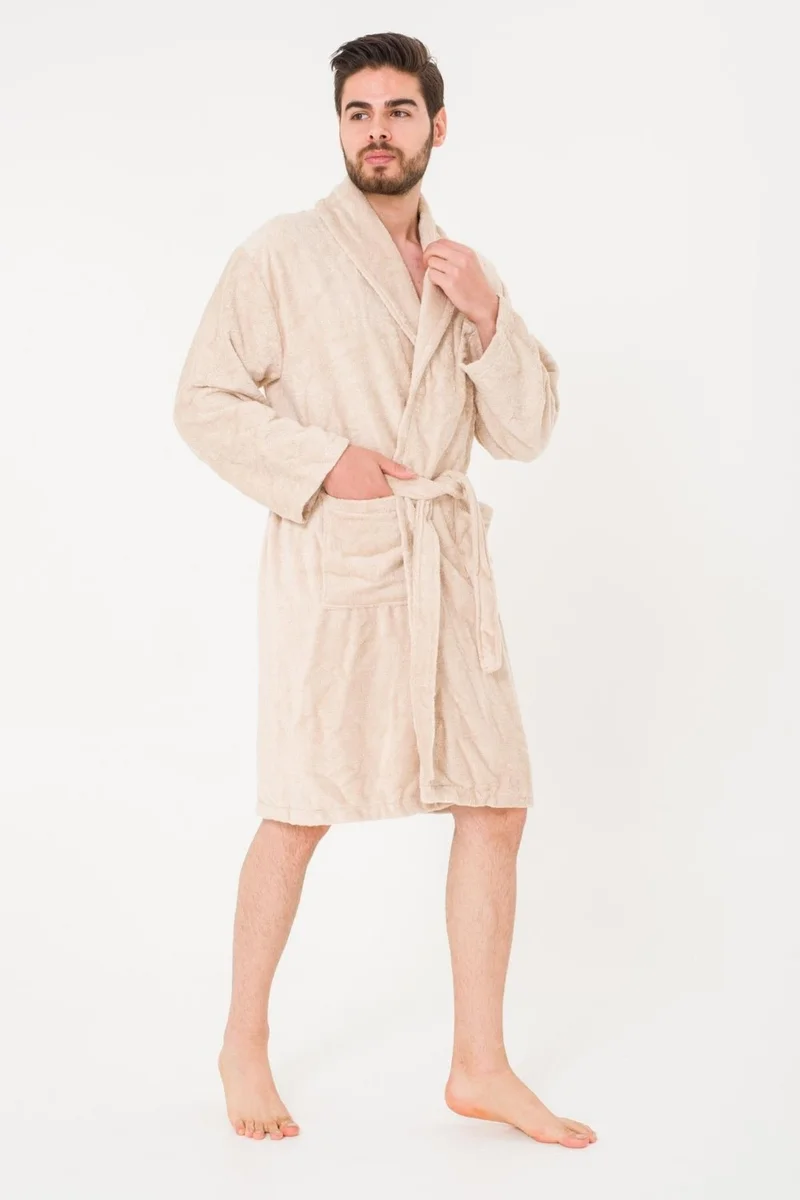 Cotenconcept Plain and Cotton Shawl Collar Men's Bathrobe