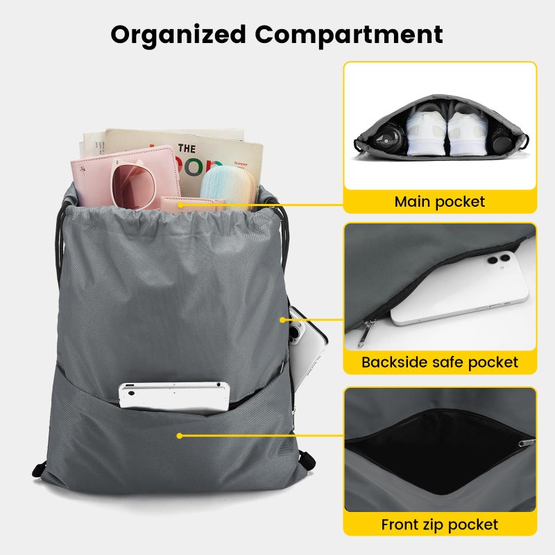Vorspack Drawstring Backpack Water Resistant String Bag Sports Sackpack Gym Sack with Side Pocket for Men Women - Grey - Image 3
