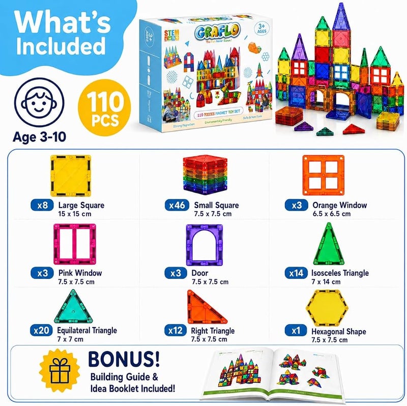 GRAFLO Magnetic Tiles 110 Pcs Building & Construction Set Vibrant 3D Building Toys - Magnetic Tiles for Kids - STEM Toy - Magnet Puzzles Stacking Blocks for Boys Girls - 3+ Years Toys - Image 3