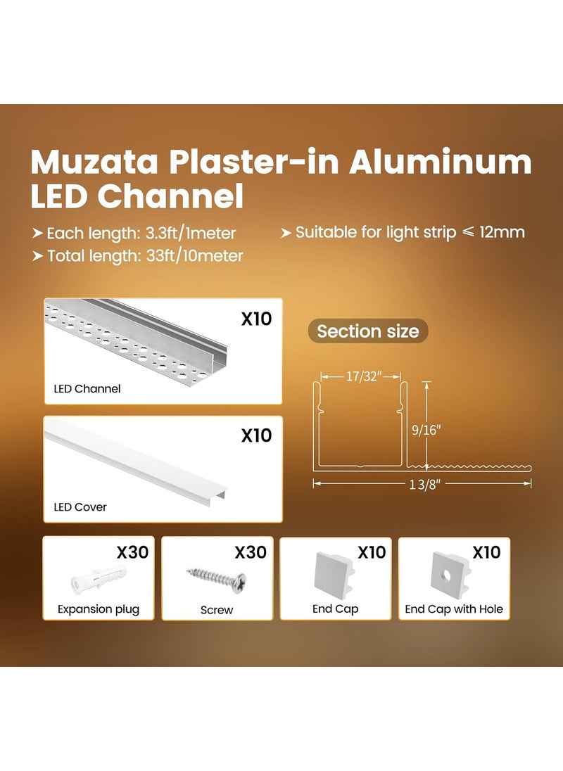 Muzata Muzata 10pack 33FT1M Plaster in LED Channel Single Edge Trimless Recessed LED Diffuser Channel with Milky White Cover Mud in for Drywall Wall Ceiling Trim U132 WW 1M  - Image 2