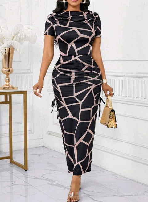 SHEIN Lady Women's Fashionable Geo Print Fitted Long Dress, Summer