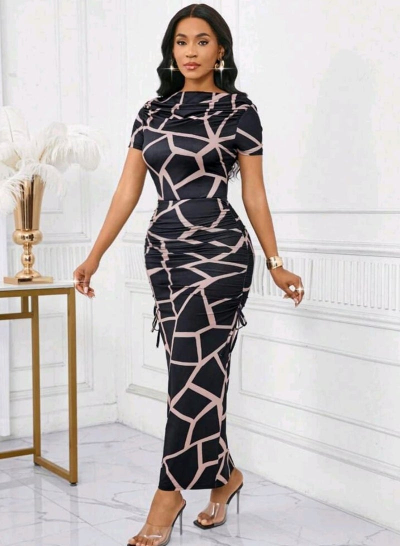 SHEIN Lady Women's Fashionable Geo Print Fitted Long Dress, Summer - Image 4