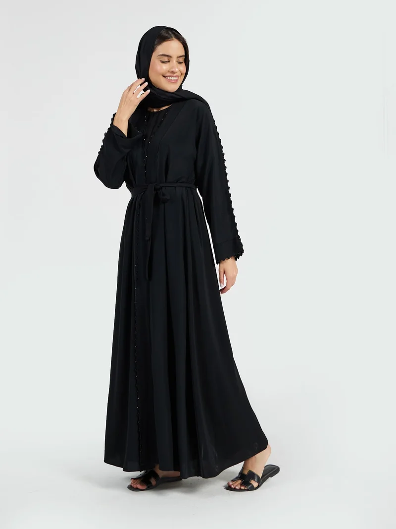 Reem Abayas Minimalist Black Abaya with Lace-Trimmed Sleeves