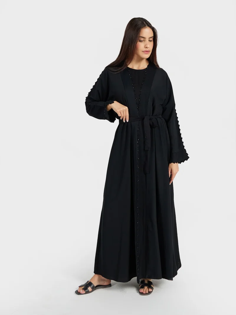 Reem Abayas Minimalist Black Abaya with Lace-Trimmed Sleeves