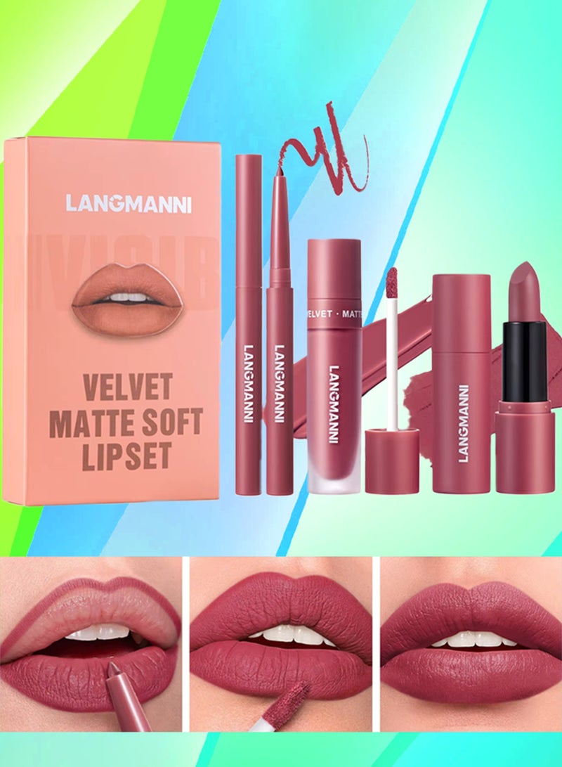 LANGMANNI مجموعة شفاه مات ناعمة 3 في 1 - محدد شفاه، لامع شفاه سائل، وأحمر شفاه - مجموعة مريحة وناعمة لتحديد الشفاه، مقاومة للماء وتأثير طويل الأمد، مجموعة هدايا مكياج شفاه شاملة 05 - Image 1