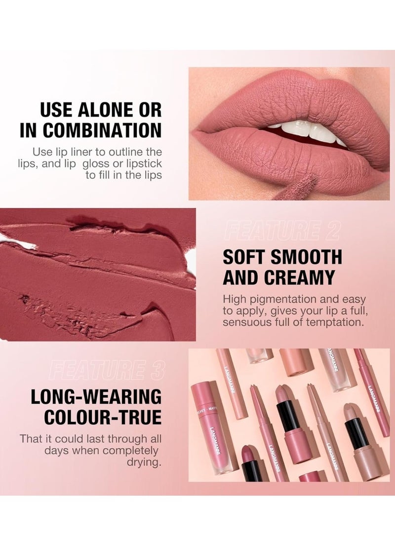 LANGMANNI مجموعة شفاه مات ناعمة 3 في 1 - محدد شفاه، لامع شفاه سائل، وأحمر شفاه - مجموعة مريحة وناعمة لتحديد الشفاه، مقاومة للماء وتأثير طويل الأمد، مجموعة هدايا مكياج شفاه شاملة 05 - Image 4