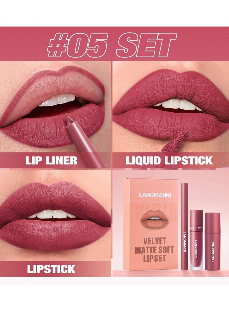 LANGMANNI مجموعة شفاه مات ناعمة 3 في 1 - محدد شفاه، لامع شفاه سائل، وأحمر شفاه - مجموعة مريحة وناعمة لتحديد الشفاه، مقاومة للماء وتأثير طويل الأمد، مجموعة هدايا مكياج شفاه شاملة 05 - Image 2