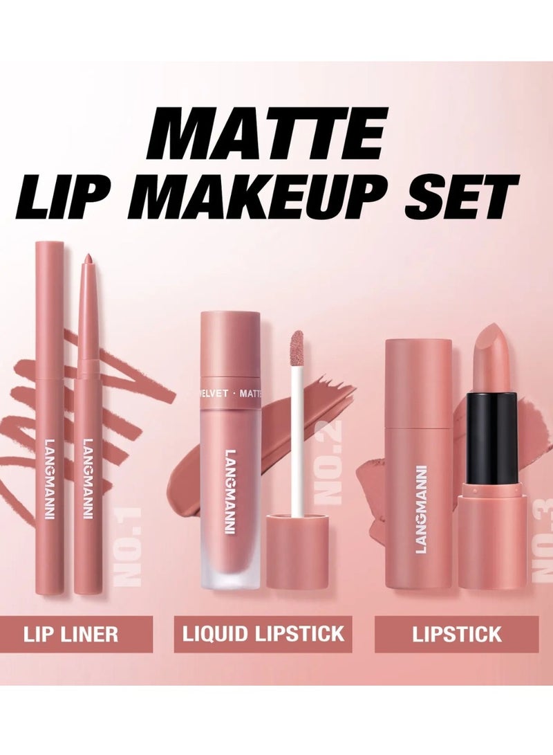 LANGMANNI مجموعة شفاه مات ناعمة 3 في 1 - محدد شفاه، لامع شفاه سائل، وأحمر شفاه - مجموعة مريحة وناعمة لتحديد الشفاه، مقاومة للماء وتأثير طويل الأمد، مجموعة هدايا مكياج شفاه شاملة 05 - Image 5