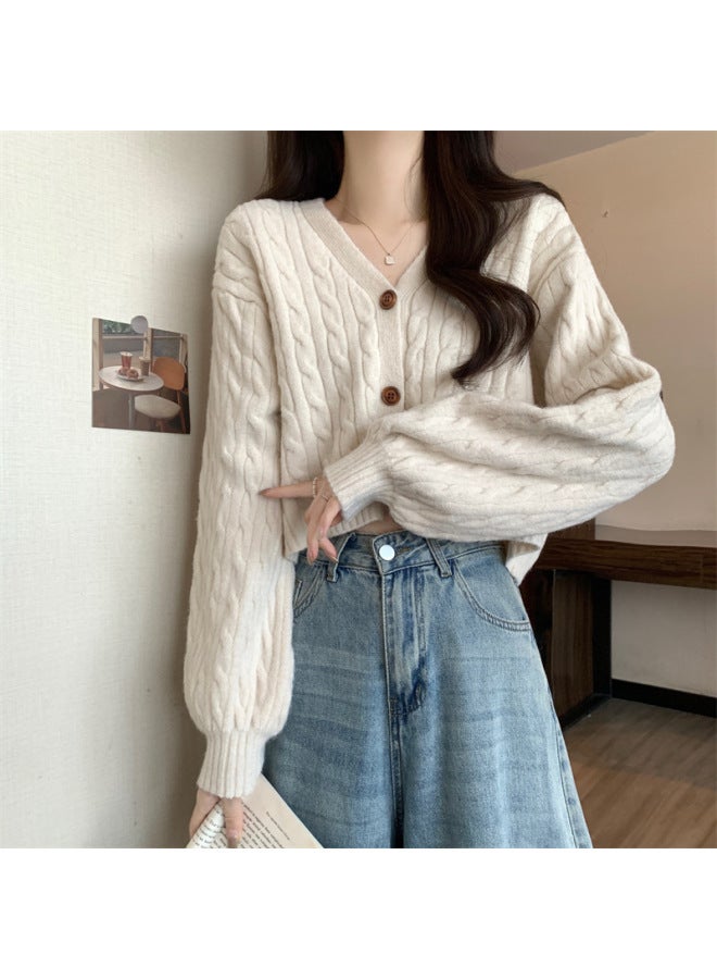 Leyuan V-neck Short Long Sleeve Cardigan Top Women Lazy Style Cable Single Breasted Knitted Sweater - Image 1