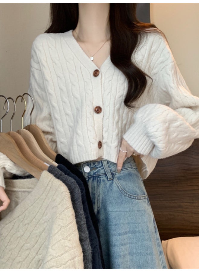 Leyuan V-neck Short Long Sleeve Cardigan Top Women Lazy Style Cable Single Breasted Knitted Sweater - Image 3