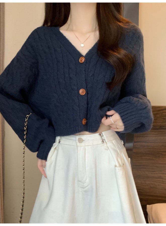 Leyuan V-neck Short Long Sleeve Cardigan Top Women Lazy Style Cable Single Breasted Knitted Sweater - Image 4