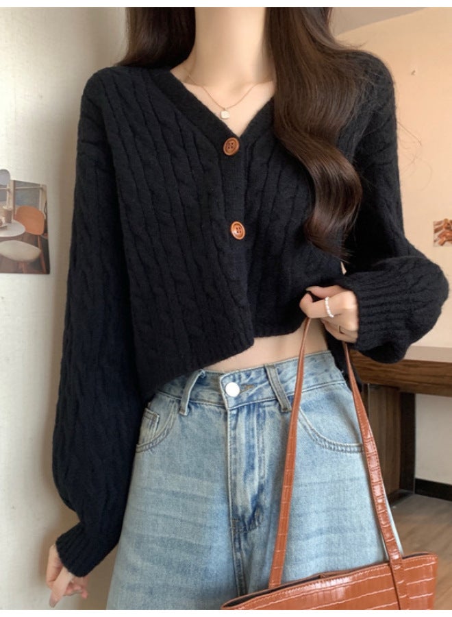 Leyuan V-neck Short Long Sleeve Cardigan Top Women Lazy Style Cable Single Breasted Knitted Sweater - Image 5