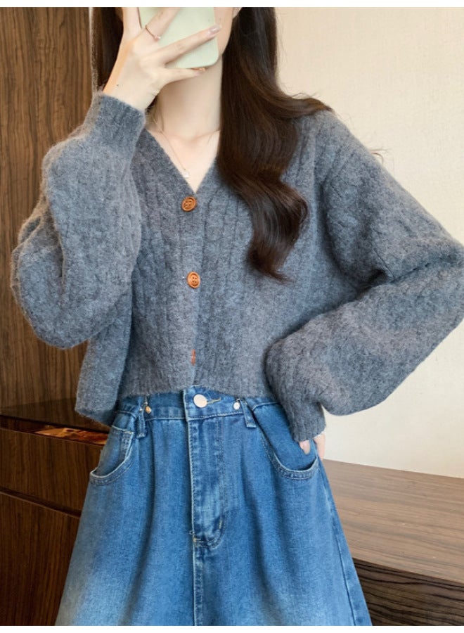 Leyuan V-neck Short Long Sleeve Cardigan Top Women Lazy Style Cable Single Breasted Knitted Sweater - Image 2