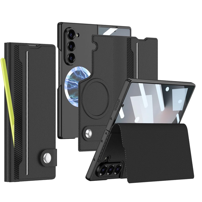 XIMAND for Samsung Galaxy Z Fold 6 Leather Case with Card Slots Kickstand AntiShock Magnetic Buckle Compatible with Magsafe Magnetic Wireless ChargingBlack - Image 2