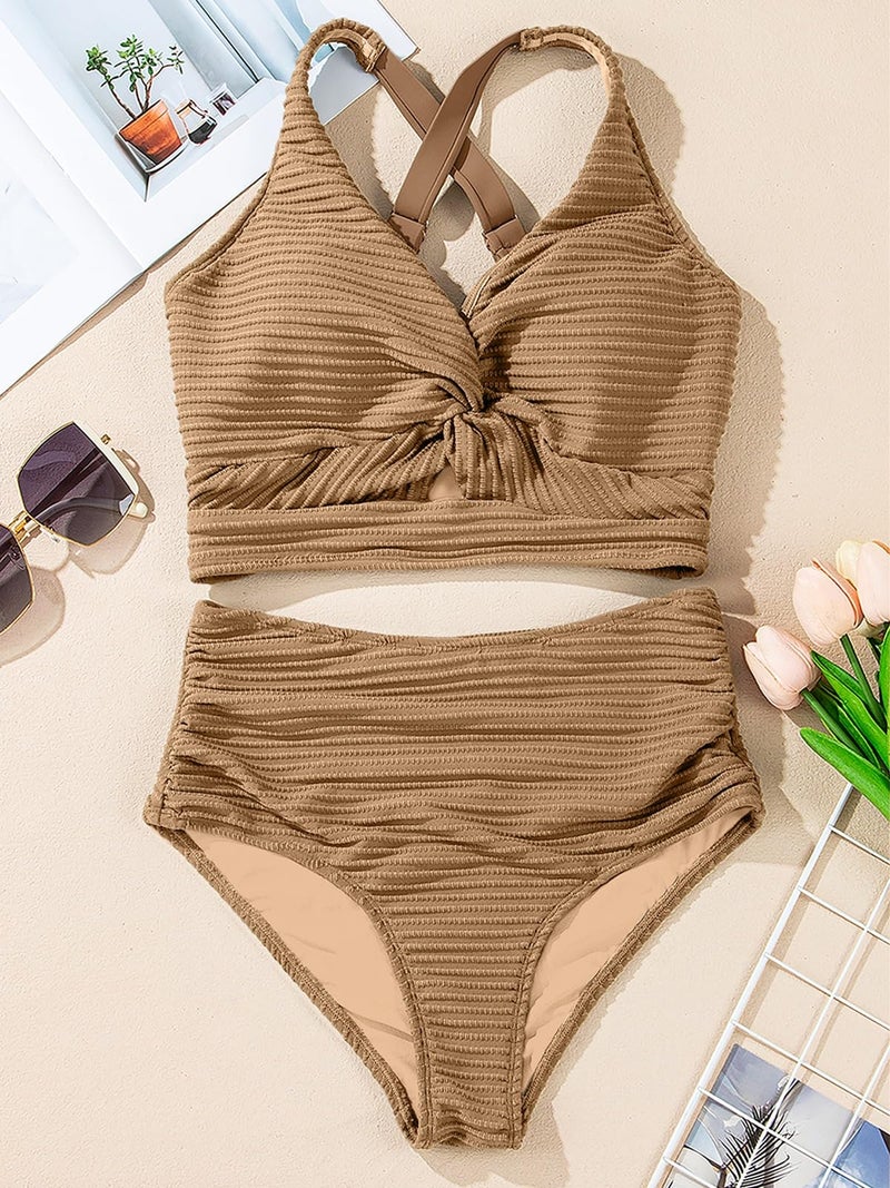 Herseas Womens Textured Bikini Set Two Piece Swimsuits 2026 High Waisted Full Coverage Bathing Suits Twist Front Bikini Top Bottom Cute Beach Vacation Essentials Light French Beige Small - Image 3