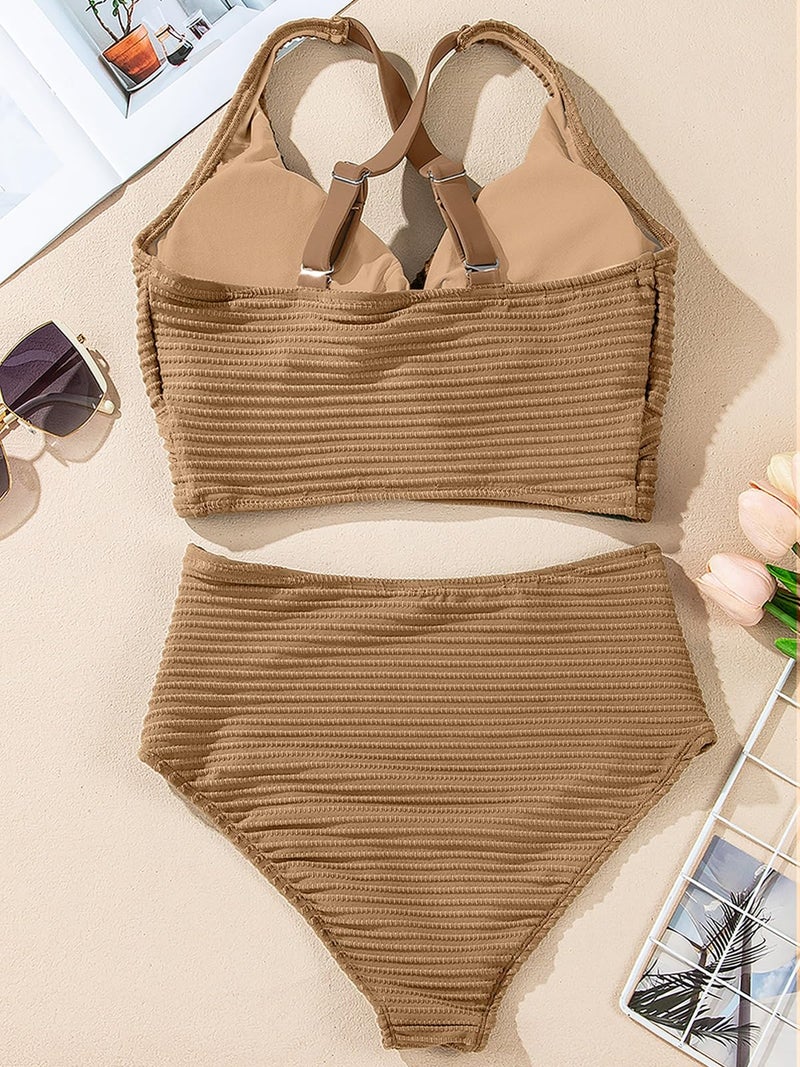Herseas Womens Textured Bikini Set Two Piece Swimsuits 2026 High Waisted Full Coverage Bathing Suits Twist Front Bikini Top Bottom Cute Beach Vacation Essentials Light French Beige Small - Image 4