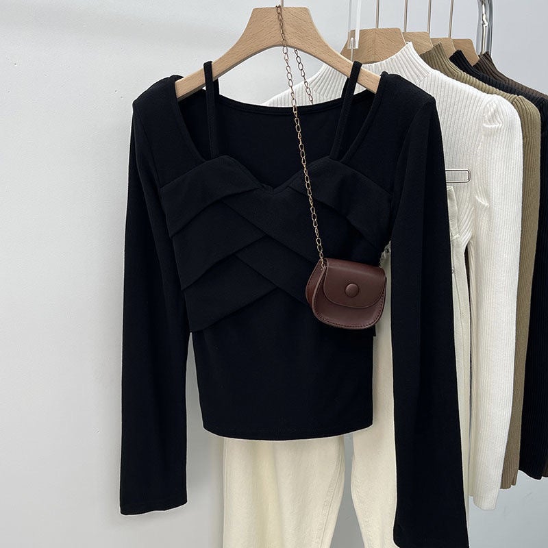 Stitching Square Collar Velvet Warm Bottoming T-Shirt New Long Sleeve Winter Solid Color Top Design Slim Ins - Image 4