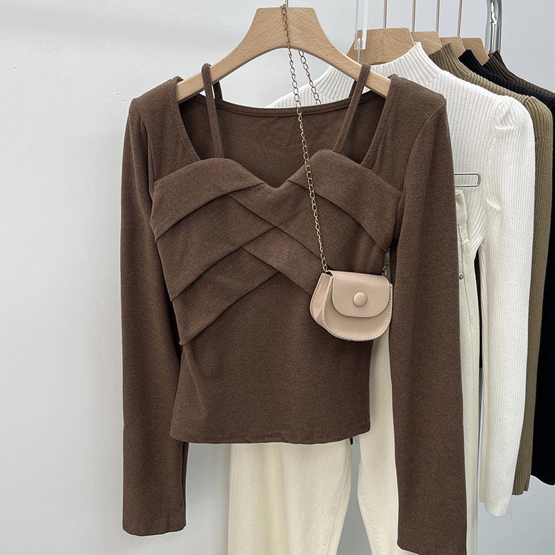 Stitching Square Collar Velvet Warm Bottoming T-Shirt New Long Sleeve Winter Solid Color Top Design Slim Ins - Image 2