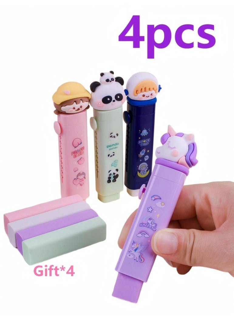 4pc Cute Cartoon Push-Pull Eraser with 4 Replacement Core – Retractable Kawaii Design for Kids' Writing & Drawing | Smooth, Clean Erasing with Minimal Residue | Fun Stationery Gift for School, Art, and Creative Supplies - Image 1