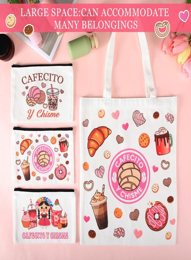 SilTriangle 6 Pcs Funny Cafecito Y Chisme Gifts Mexican Concha Coffee Tote Bags and Makeup Bags Set Mexican Latina Coffee Theme Gift for Women - Image 4