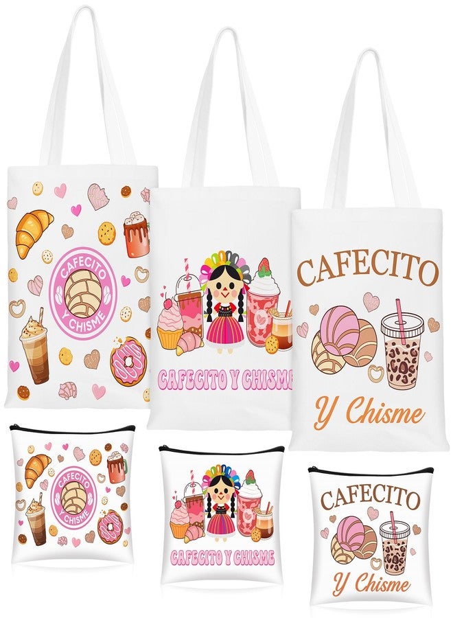 SilTriangle 6 Pcs Funny Cafecito Y Chisme Gifts Mexican Concha Coffee Tote Bags and Makeup Bags Set Mexican Latina Coffee Theme Gift for Women - Image 1