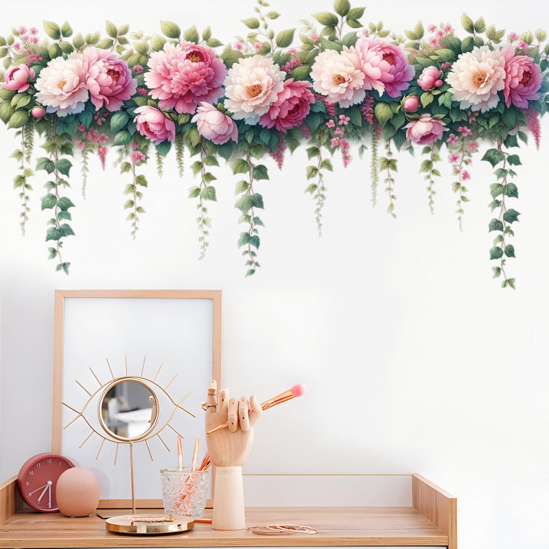 DRWSSR Removable DIY 3D Pink Peony Flower Wall Decals, Hanging Vine Vinyl Fresh Plant Green Leaves Art Decor for Girls Nursery Bedroom Living Room TV Background - Image 5