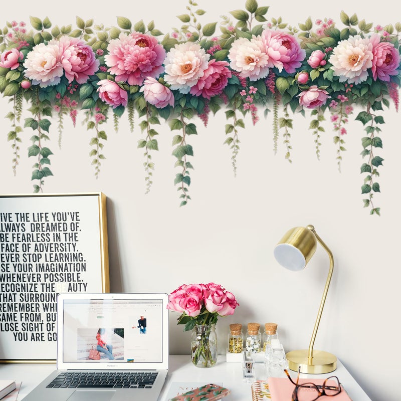 DRWSSR Removable DIY 3D Pink Peony Flower Wall Decals, Hanging Vine Vinyl Fresh Plant Green Leaves Art Decor for Girls Nursery Bedroom Living Room TV Background - Image 4
